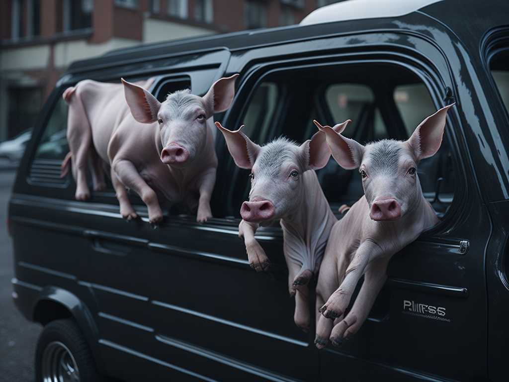 Pigs hang out of a van